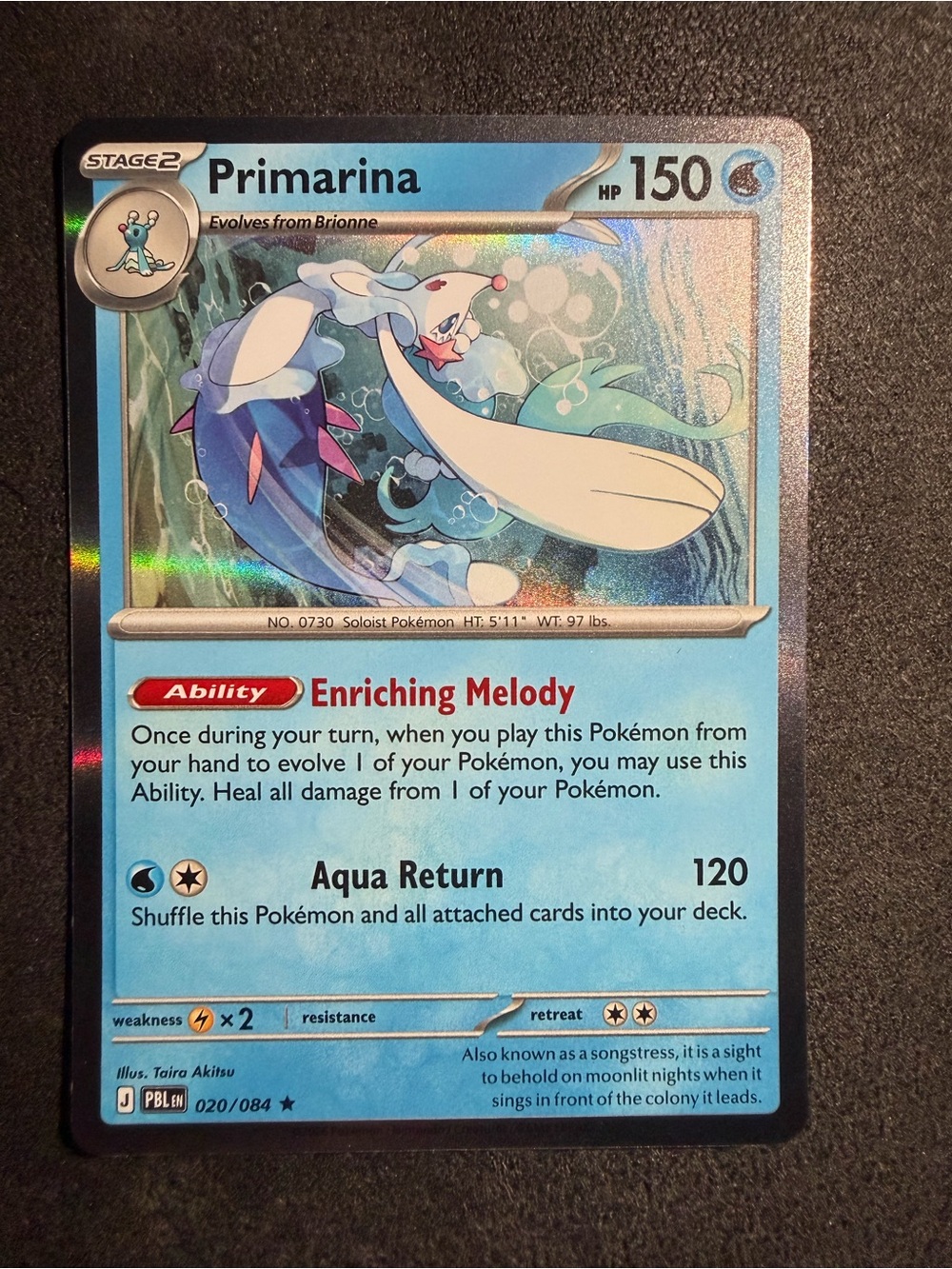 Primarina Trading Card - Blue Collector Card holo NOT GRADED